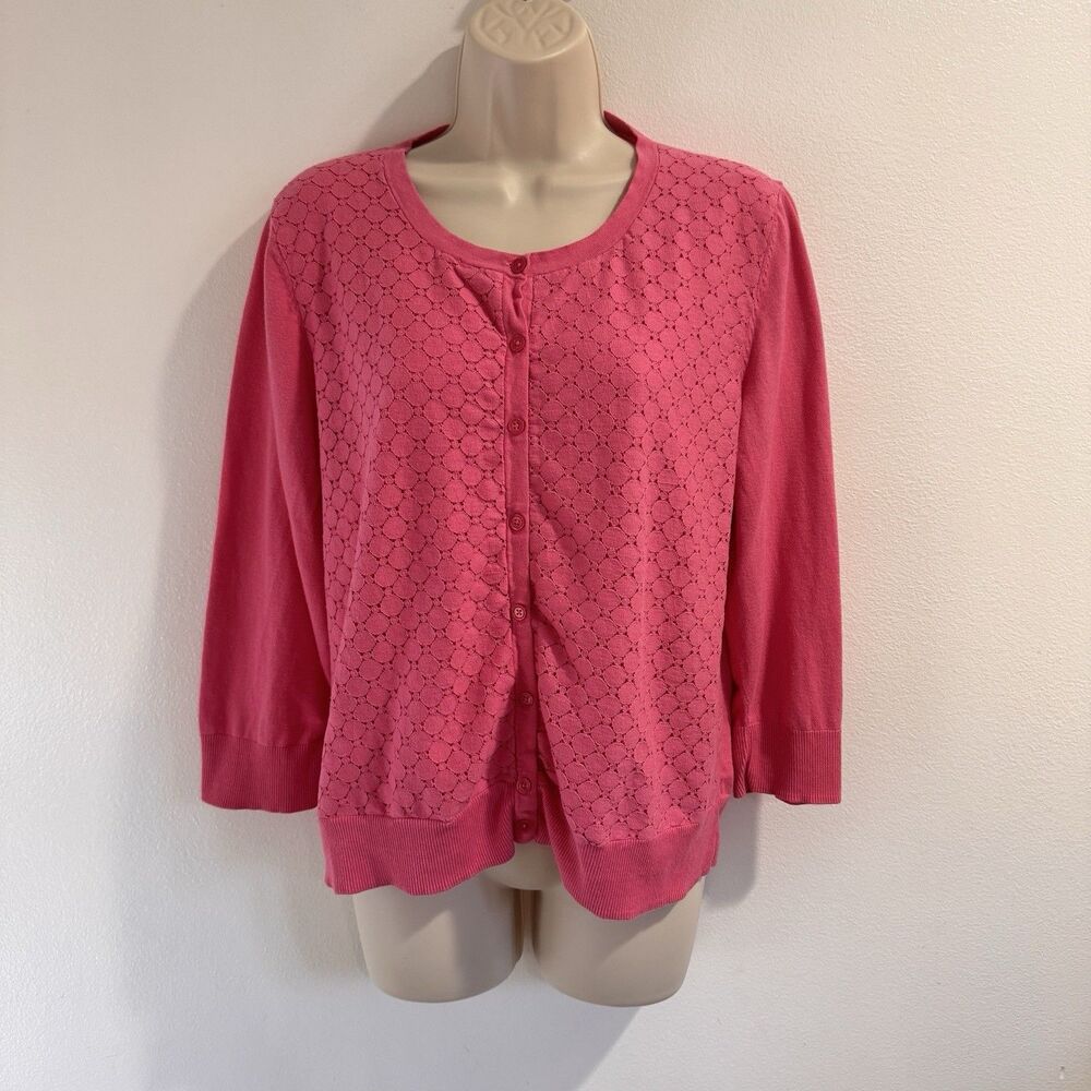 Talbots Cardigan Sweater XL Button Front Coral Pink 3/4 Sleeves Lace Knit